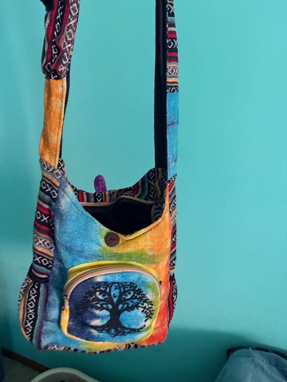 Boho Tie-Dye Crossbody Bag with Tree of Life Accent - Multicolor